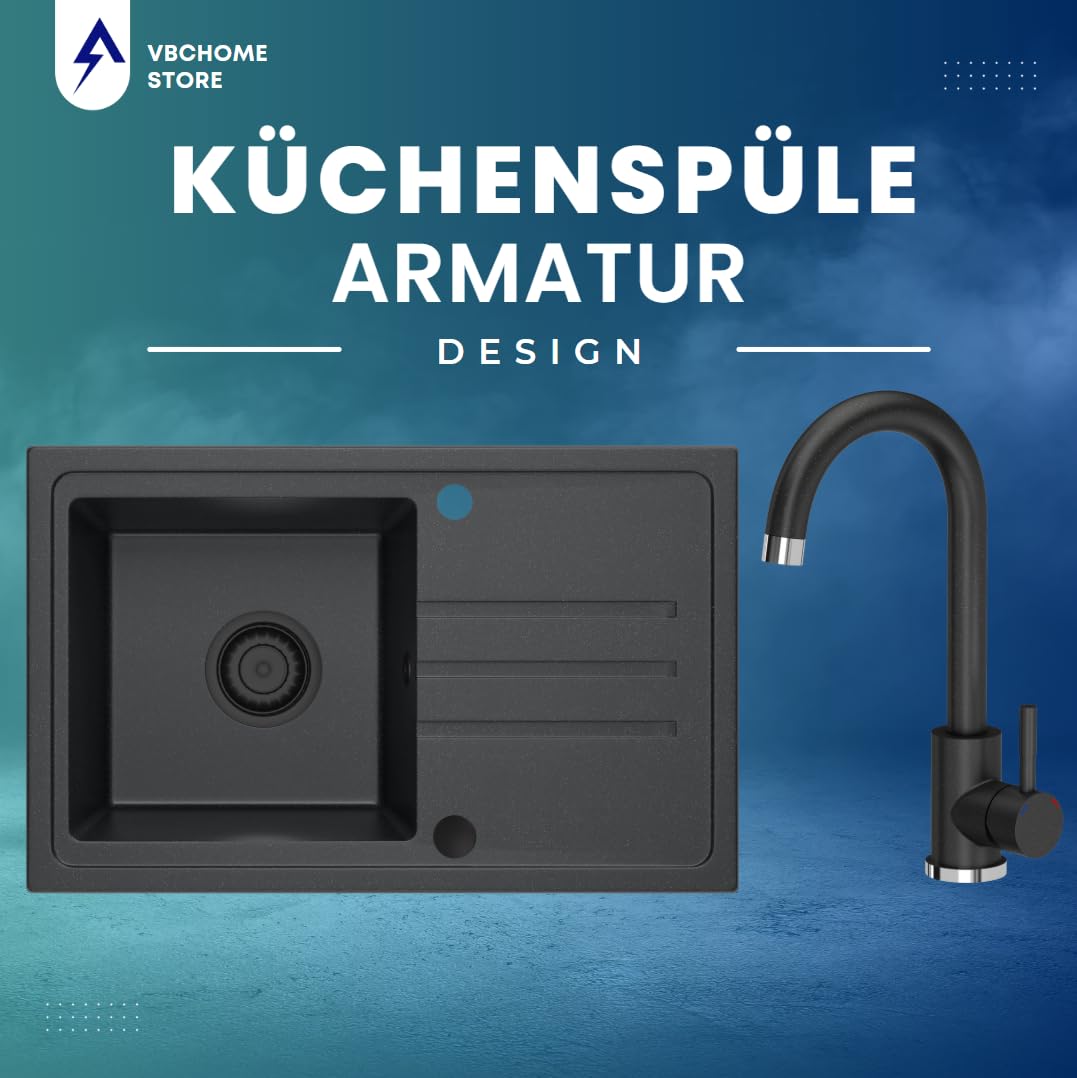 Lavello Nero Per Cucina Lavello Da Cucina In Granito - Nero, 50x47 Cm, Resistente Al Calore Lavandino Da Esterno - Foto 3