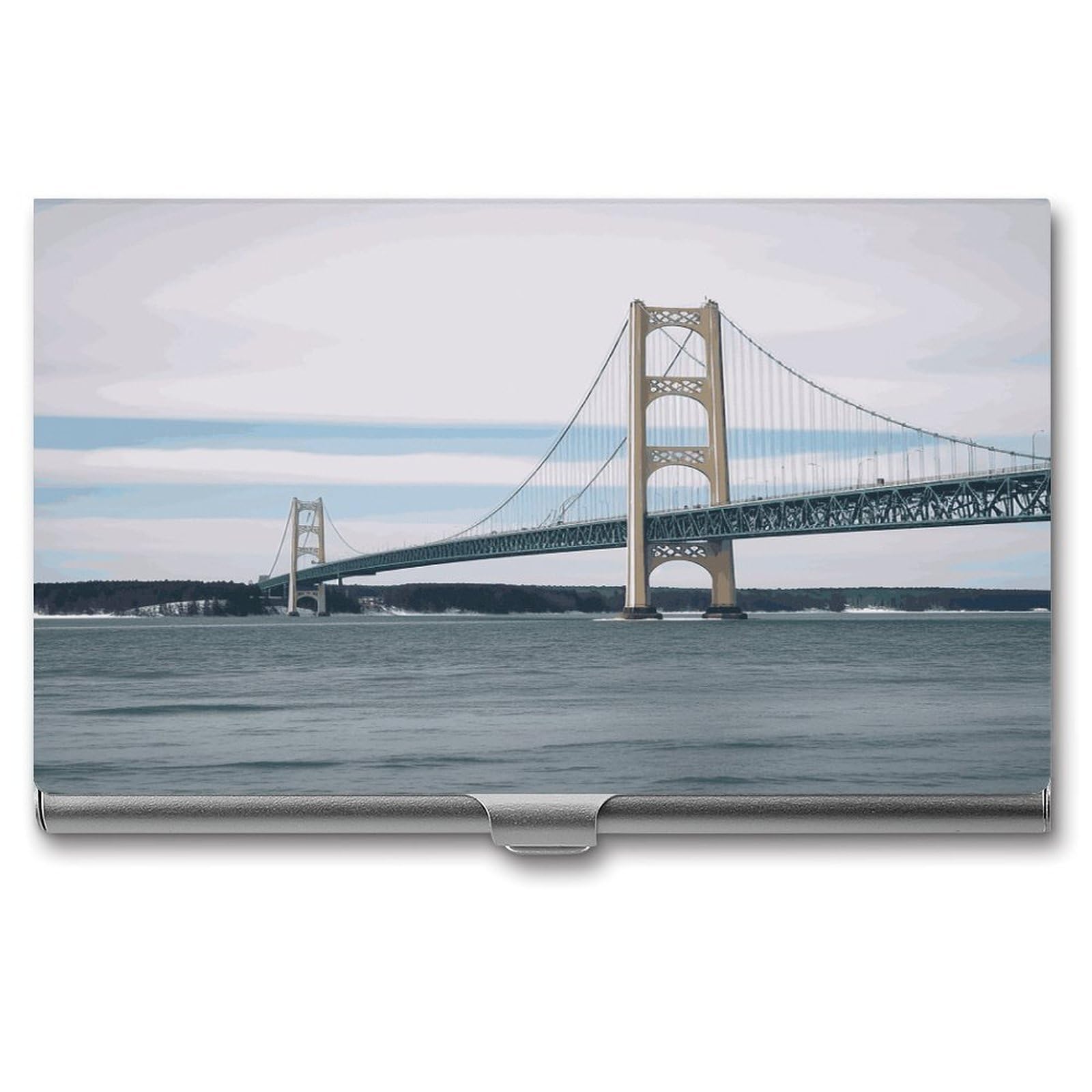 LDGSUPH Mackinac Suspension Bridge Business Card Holder Fashion Slim Name Card Holder Minimalist Design Case Metal Card Carrier Personalized Business Card Case with Flip for Men Women