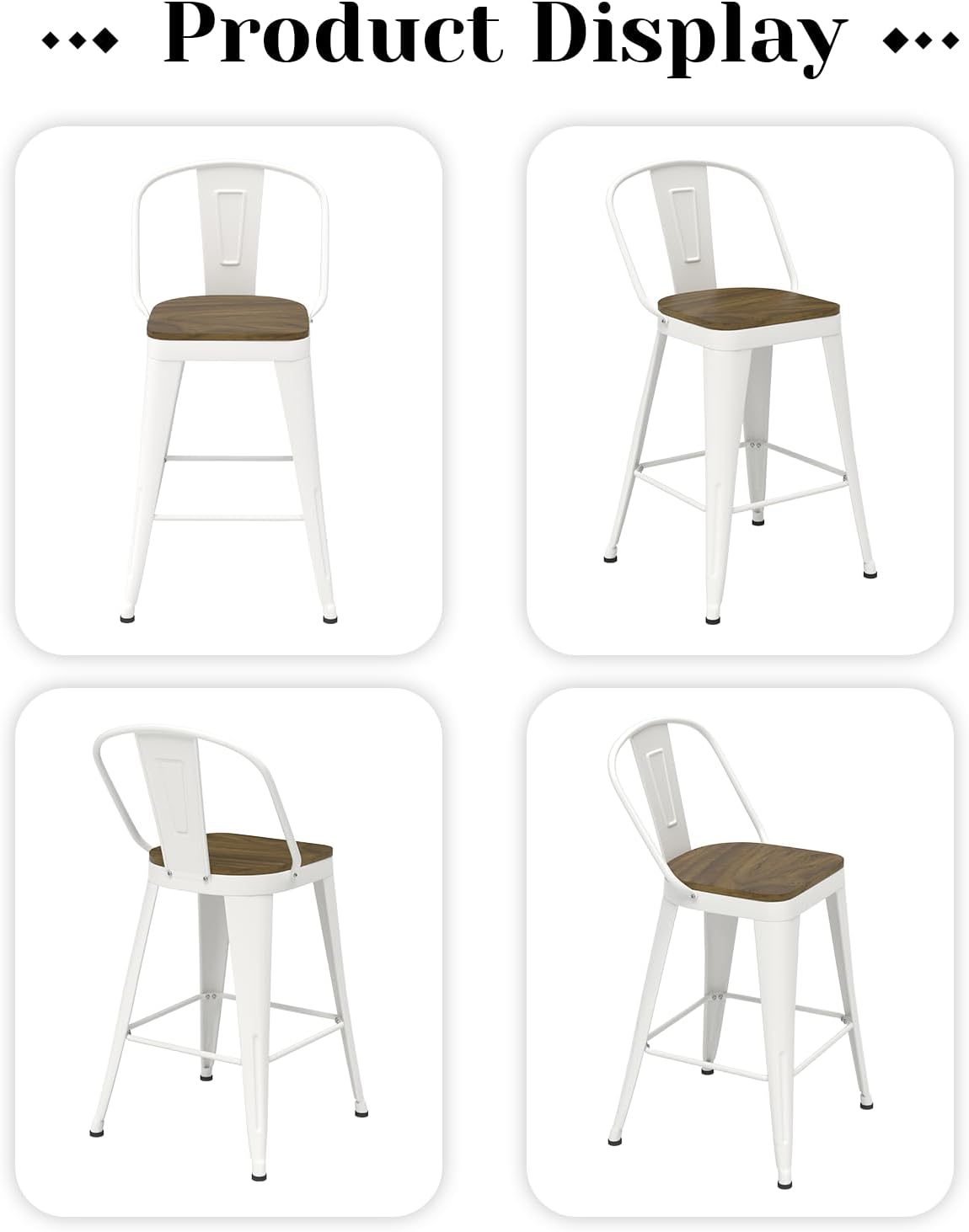 24 Inch Bar Stools Set of 4,High Back Counter Height Bar Stools with Wooden Seat, Metal Industrial barstools for Kitchen Island (White)