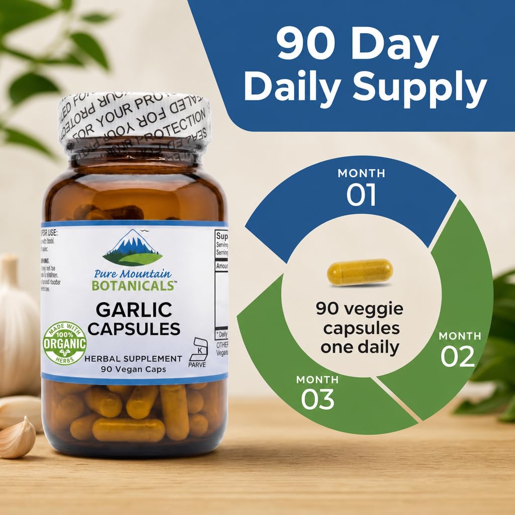 Pure Mountain Botanicals Garlic Capsules 500mg - 90 Veggie Capsules with Organic Garlic Bulbs - Vegan Kosher Gluten-Free Pills - Allium Sativum Herbal Supplement — Amazon image 7