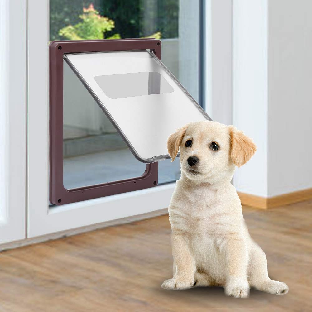 Haustierklappe Haustiertüre 4 Wege Haustier Hund Katze Sichere Tür Katzenklappe Hundeklappe aus Kunststoff mit weicher getönter Klappe für Hunde und Katzen(braun)