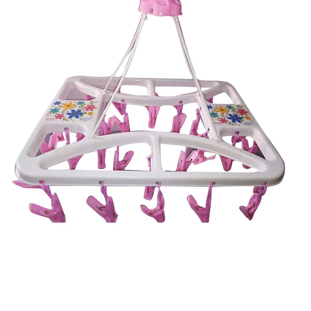 YUMUN Kid's Plastic Clothes Drying Hanger Stand with 32 Clips/Pegs, Baby Clothes Hanger Stand Set of 1 (Pink Colour) (Design & Colour May Vary) (Clip_24)