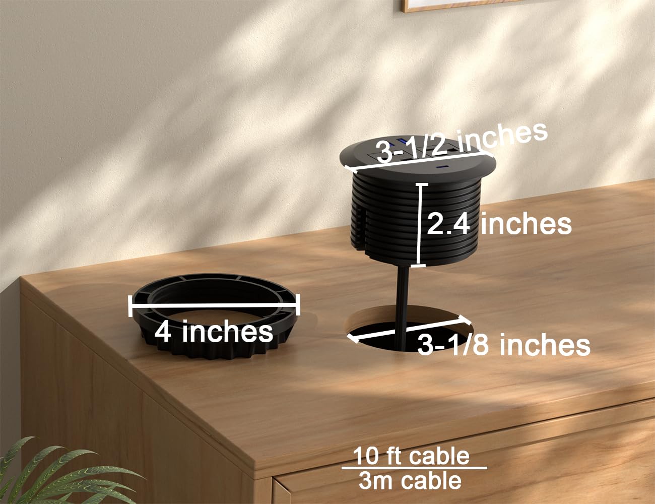 2 x gniazdo zasilania komputera 7,6 cm, kabel 3 m, stacja szybkiego ładowania USB-C 20 W, 3 porty USB, montaż podtynkowy, okrągła listwa zasilająca