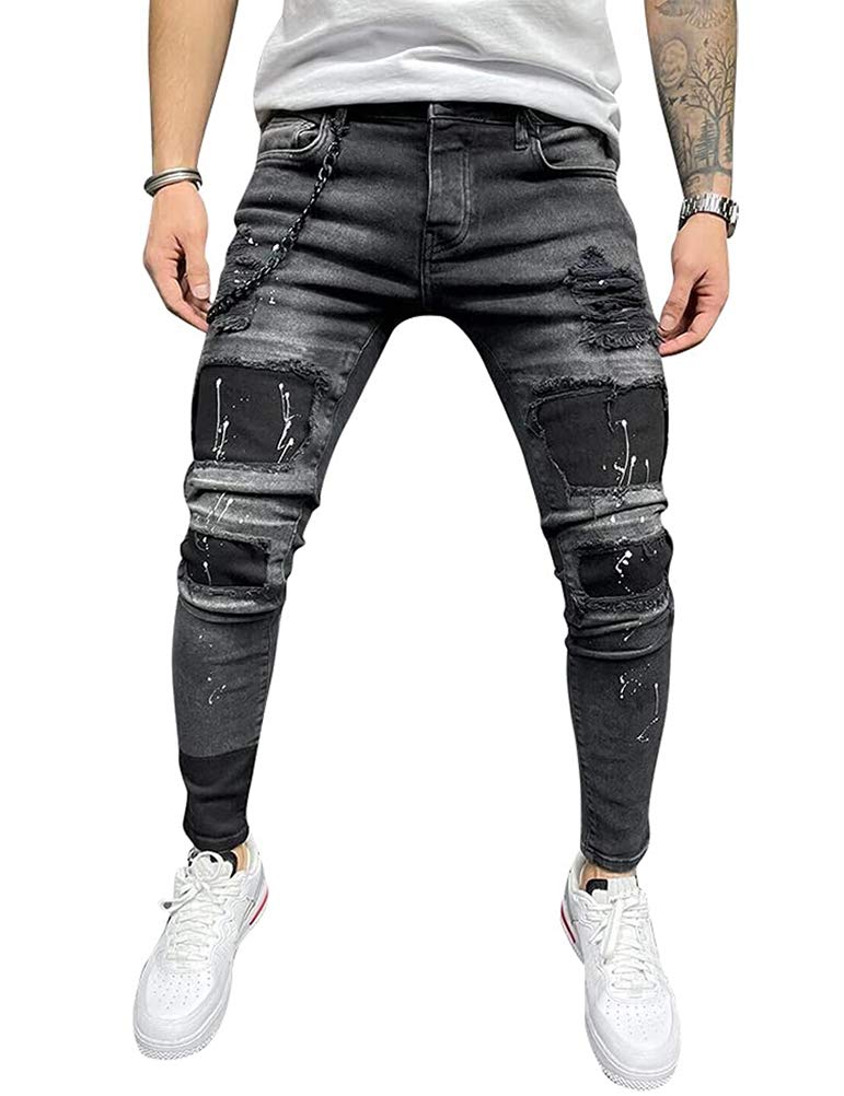 IDEALSANXUN Mens Stretch Skinny Jeans Pattern Slim Fit Ripped Jeans