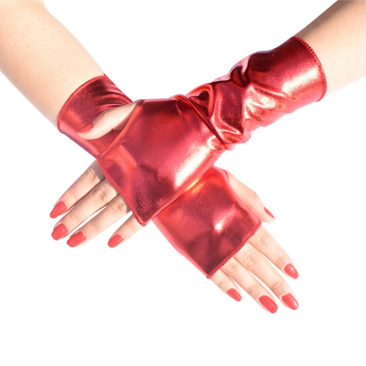 Samheng Women's Red Shiny Fingerless Gloves - Unisex Metallic Wetlook Party, Elastic Patent Leather For Stage Performance Costume, Sparkly 80'S For Masquerade, Rave, Halloween, Cosplay