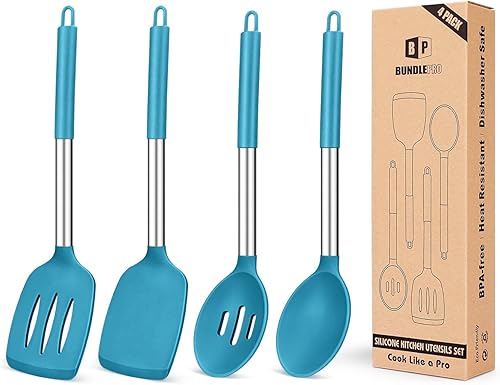 Juego de 4 utensilios de cocina de silicona, espátulas sólidas grandes antiadherentes, resistentes al calor, cucharas ranuradas azules ideales sin
