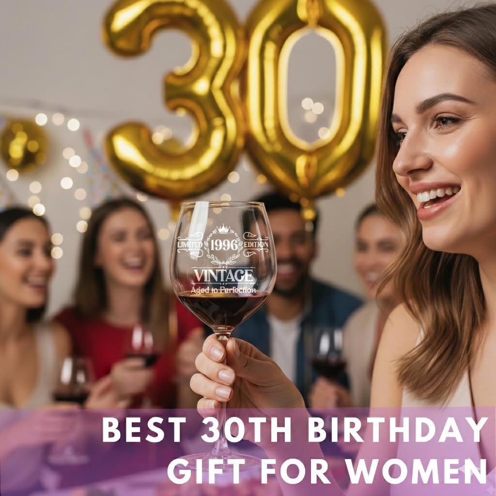 Vintage Engraved Wine Glass - 30th Birthday Gifts for Her, 30 Year Old Women Gift, 30 Woman Wine Glass, Turning Thirty Present, 30th Birthday Gifts Ideas for Daughter, Wife, Sister, Ladies - Image 2