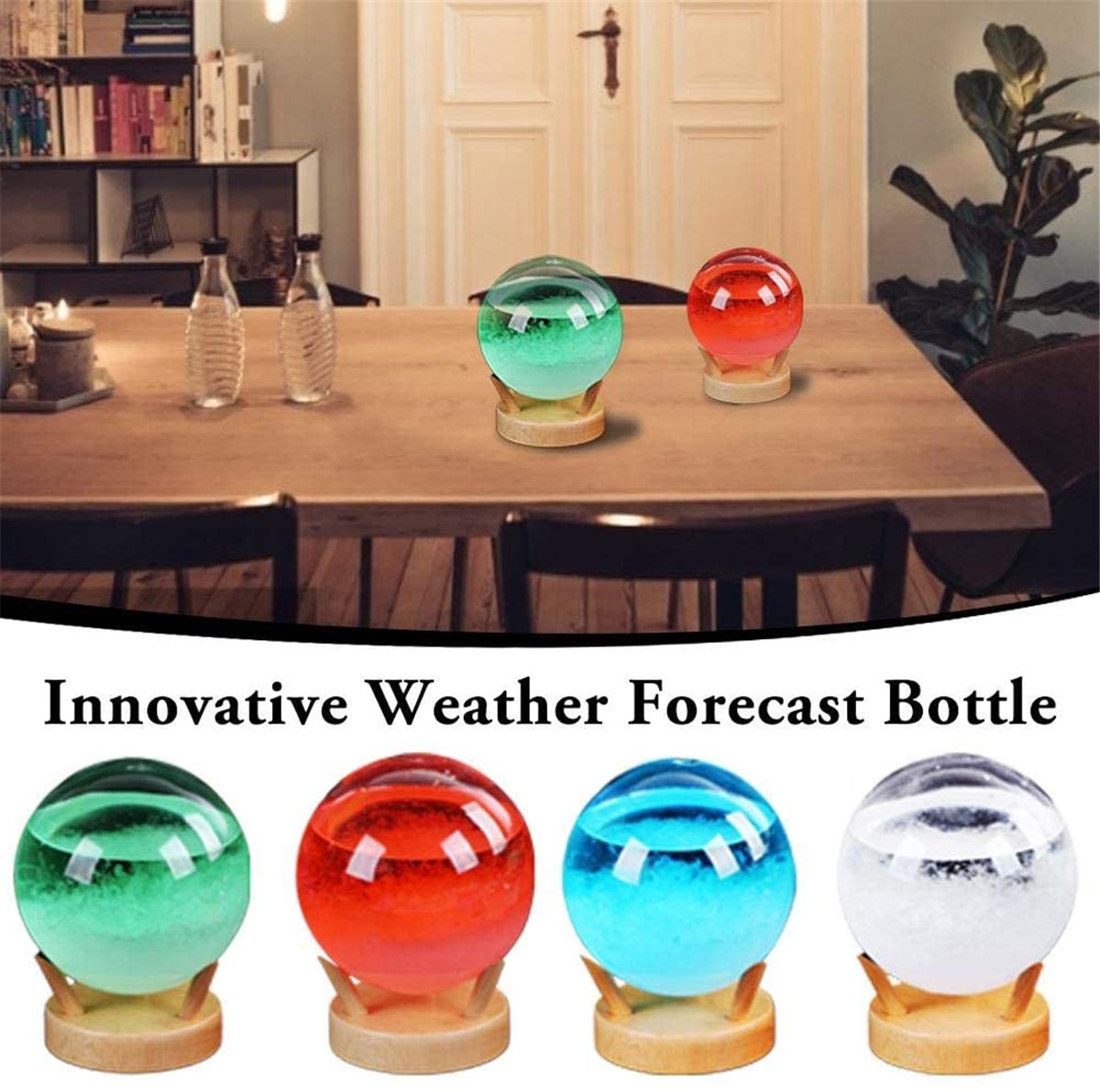 Wetterstation aus Glas, kreative sphärische Wettervorhersage, Flaschenbarometer, Wettervorhersage für Büro, mit Holzbasis, Dekoration für Büro zu Hause, Geschenk für Familie, Weiß/417 (Co