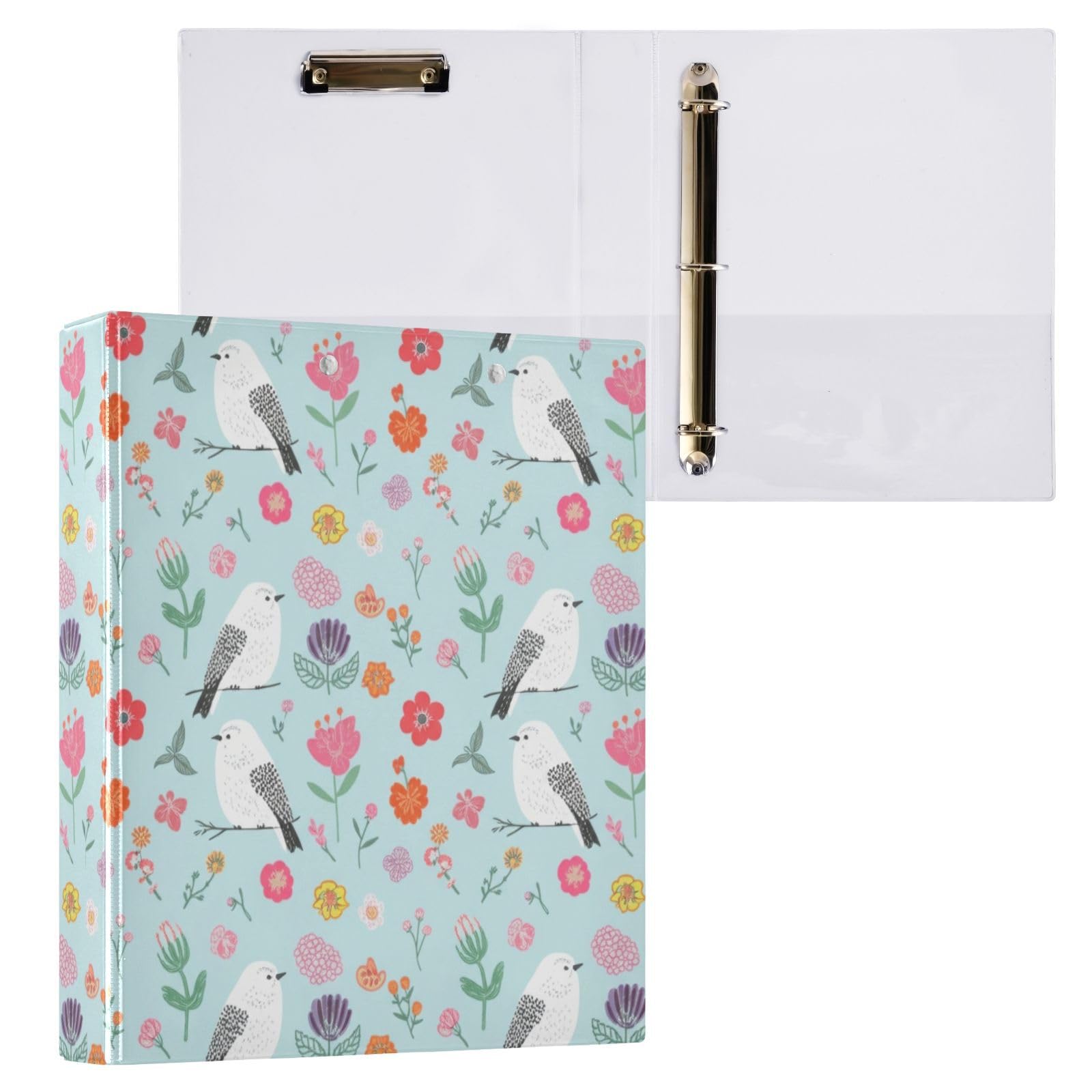 Confezione da 2 raccoglitori ad anelli con 3 anelli, con tasche grandi, motivo fiori bianchi, uccelli, fiori, per scuola, università e ufficio