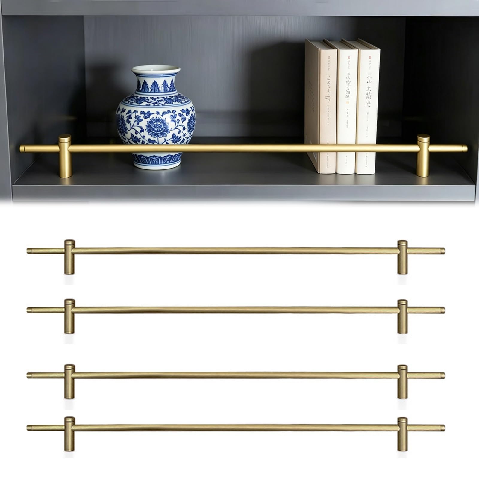Gold Gallery Railing Bar for Kitchen Cabinet/Bathroom, Metal Guardrail Anti-Tipping for Floating Shelf/Retail Displays/Shoe Rack/Open Shelves(4 Pcs,Long 37in/94cm)