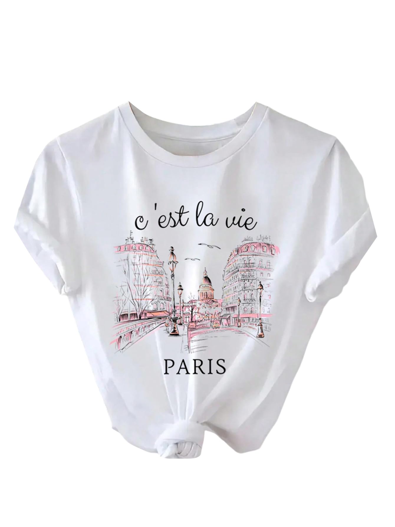 Women's Paris Letter Graphic Tees Short Sleeve Casual T Shirt