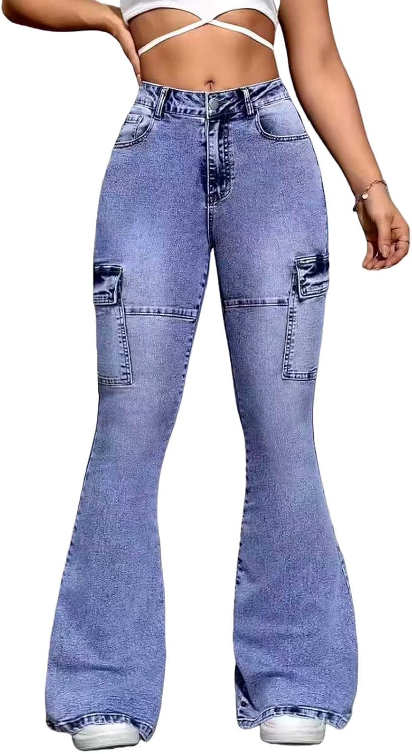 Women's High Waist Flare Cargo Jeans Flap Pocket Y2K Streetwear Stretch Bell Bottoms Wide Leg Denim Pants
