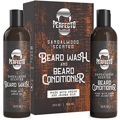 Sandalwood Scented Combo Beard Wash And Beard Conditioner For Men With Oils, Anti Dandruff Beard Moisturizer With Jojoba And Argan, Beard Softener Set And Strengthener, Beard Wash Care Package, 10 Oz #TOP3