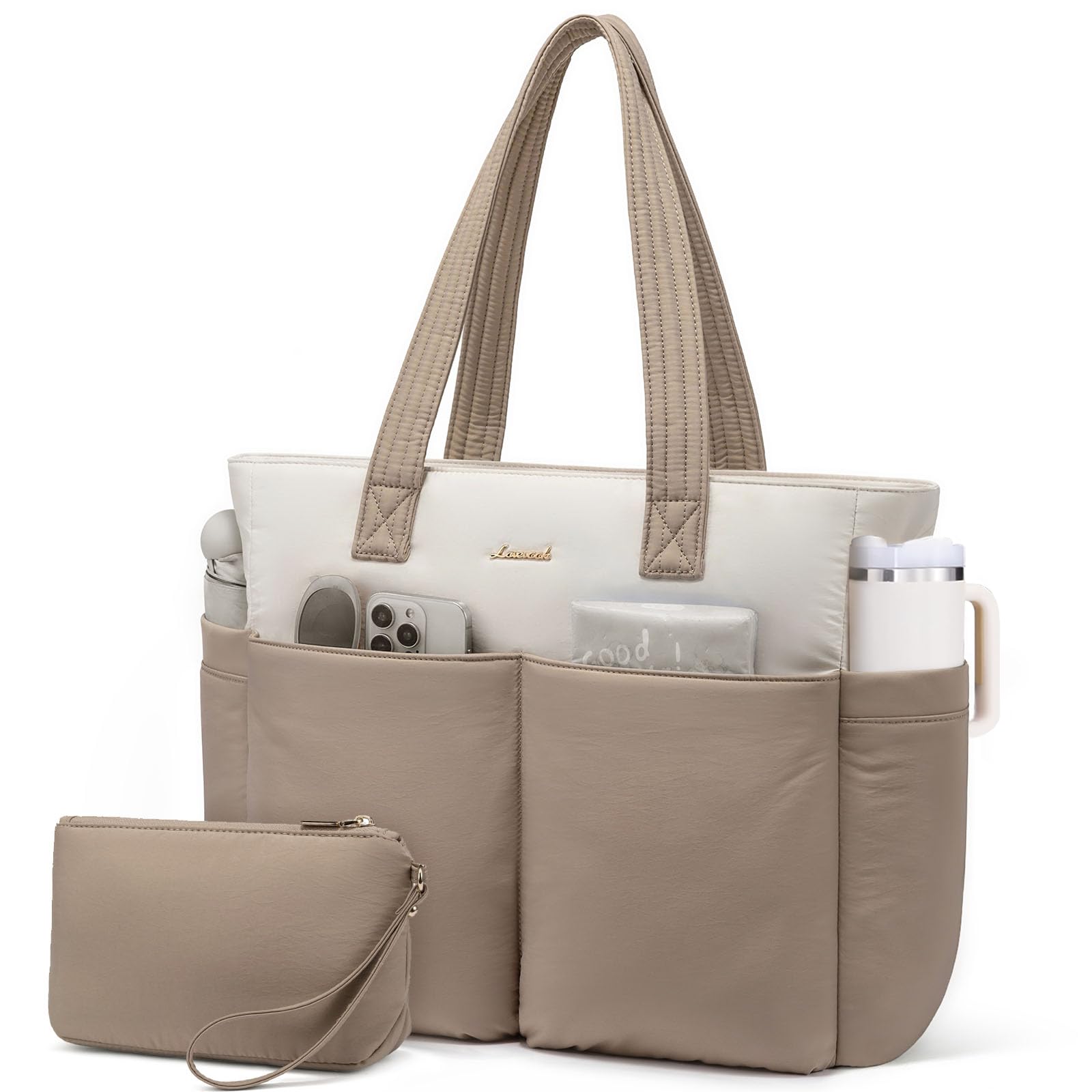 LOVEVOOK Puffer Tote Bag with 8 Pockets&Cosmetic Bag, Waterproof Work Bag for Women, Puffer Tote for Women Work, Travel, Gym