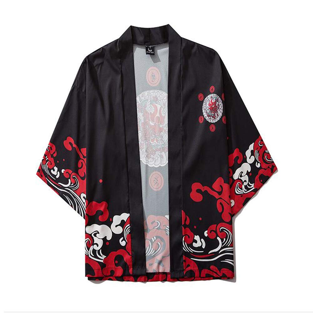 FTFDTMY Men's Kimono Half Sleeve printing Japanese Lightweight Personality Cardigan Casual Hot Spring Clothing,Black,L