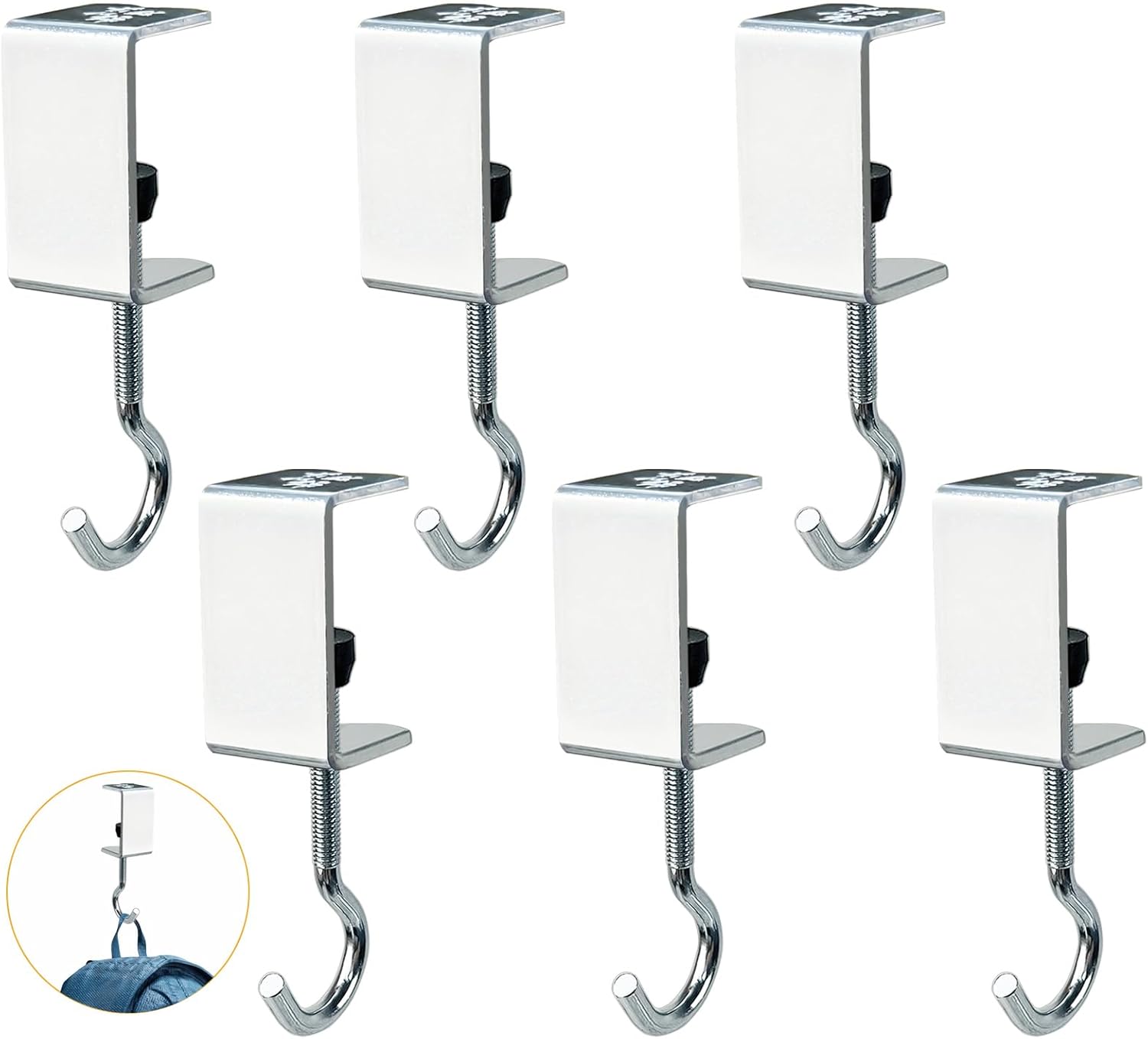 6 Pcs Adjustable Table Hooks, Heavy Duty Metal Desk Hook for Hanging Bag Backpack Under Desk Clamp J Hooks for Table Desk Closet Door