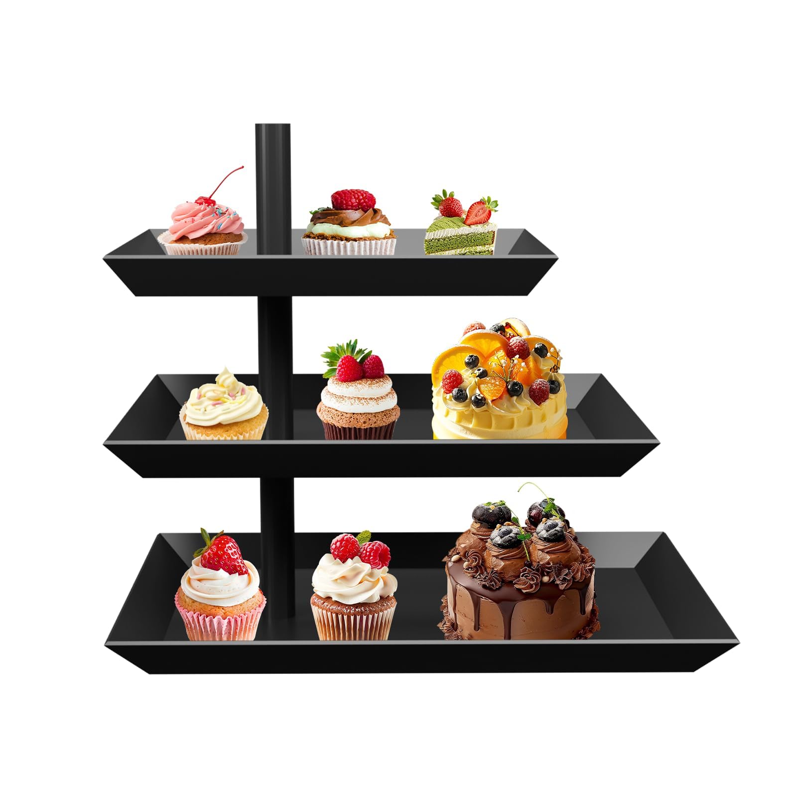 QGGTQG Alzata nera per frutta con 3 ripiani, a 3 piani, in metallo, girevole a 360°, in acciaio, per dolci, dolci, formaggi, frutta