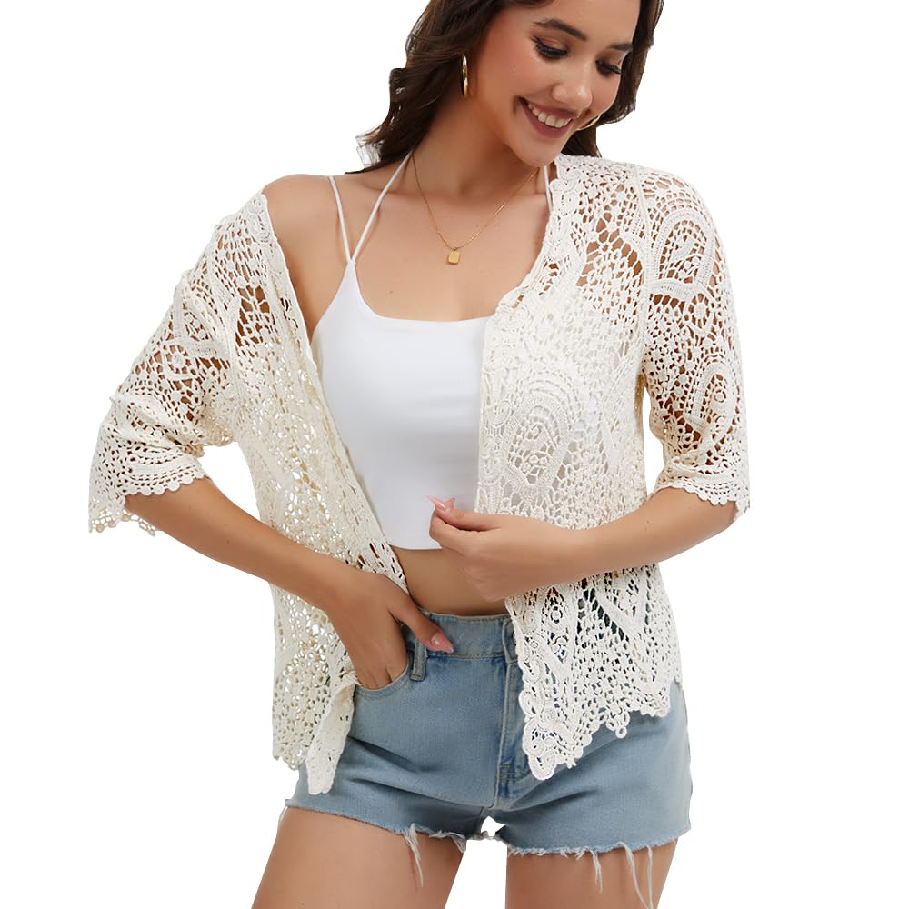 Women's Lace Cardigan Floral Crochet Sheer Beach Cover Ups Long Kimono with Half Sleeves, White, One size