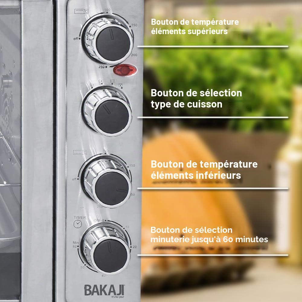 Bakaji Home Four Four électrique Ventilé Puissance 2200W avec double porte lumière intérieure sélection de cuisson température réglable minuterie et accessoires (55 litres)