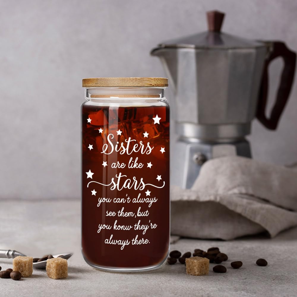 Sister Are Like Stars Glass Cups with Lids and Straws Birthday Gifts for Bestie Friend Sister, Mothers Day, Graduation Sisters 16oz Glass Drink Cup Gifts for Sisters Women from Brother, Sibling Gift