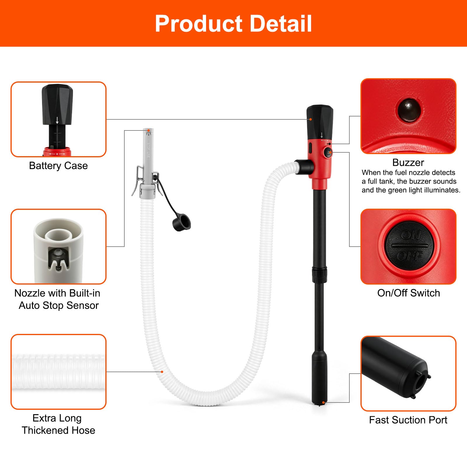 Pompa di trasferimento del carburante portatile, 3,2 GPM 5 V, pompa a sifone elettrica con sensore di arresto automatico, tubo di aspirazione flessibile, alimentazione USB/a batteria, per benzina