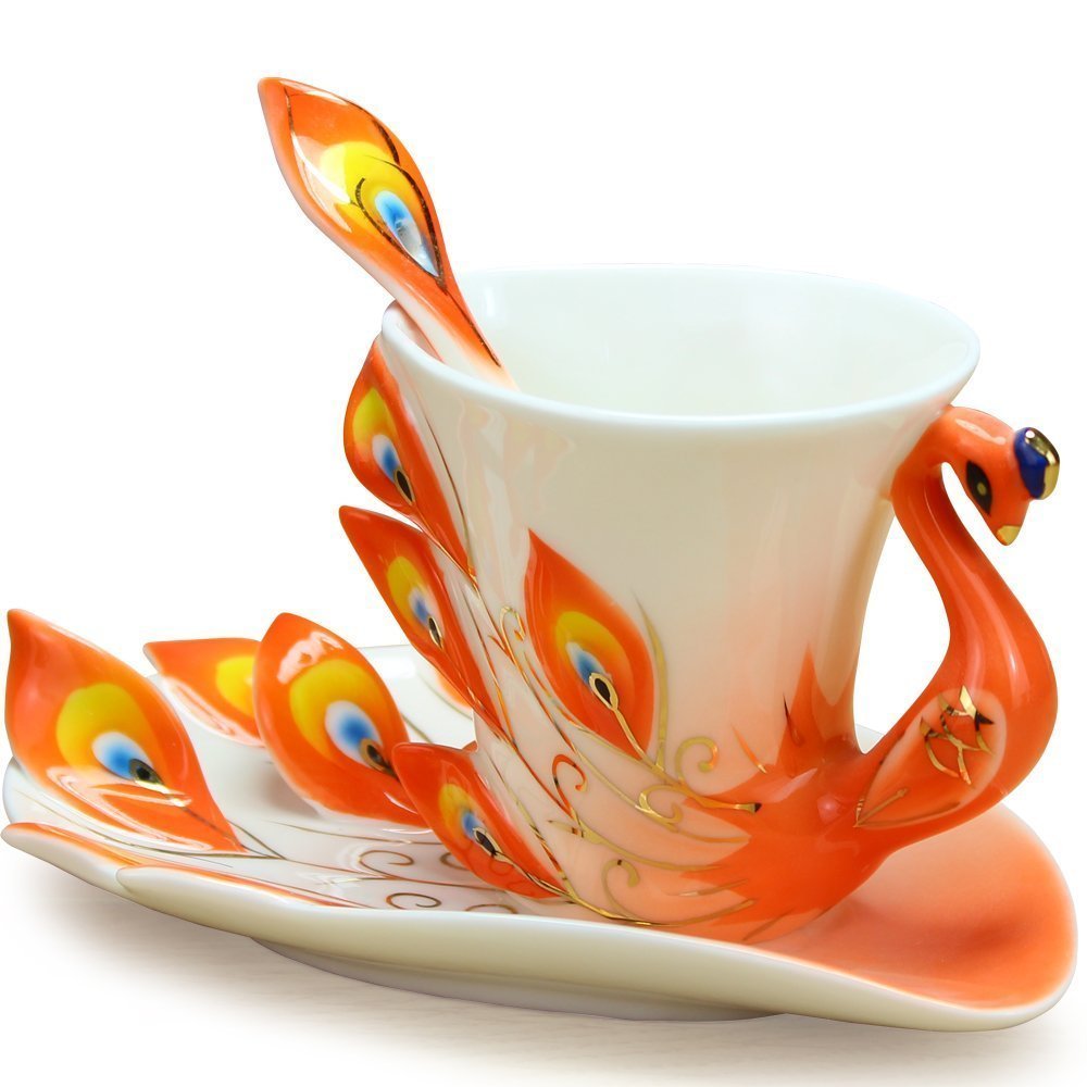 Yosou Home Personalized Unique Custom Design Porcelain Tea Cup and Saucer with Spoon Set Coffee Cup Mug 3D Peacock Theme Romantic Creative Gift -Orange