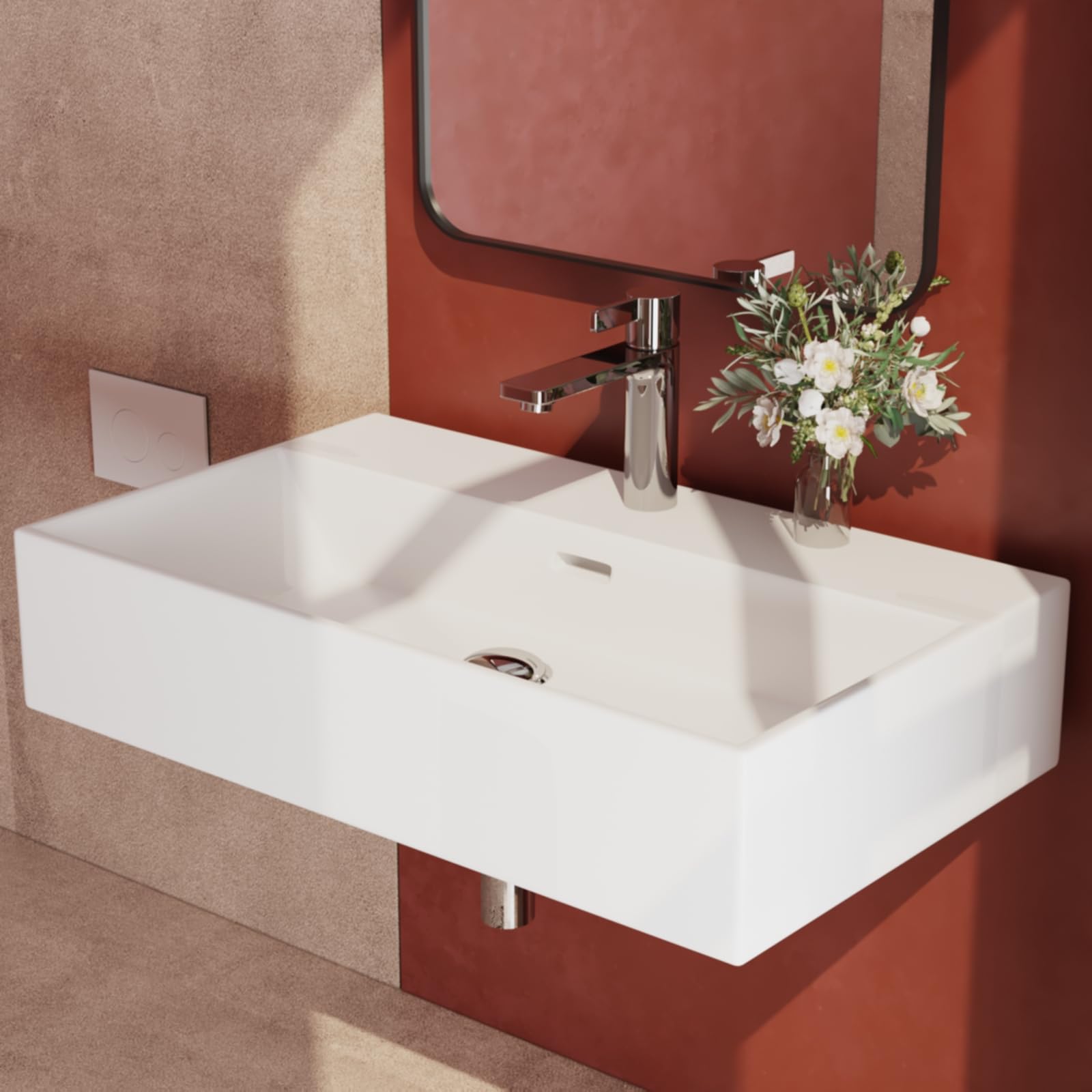 EMKE Waschbecken Eckiges Design Handwaschbecken, Hochwertige Keramik Hängewaschbecken mit dünnem Rand, Waschtisch Für Badezimmer Gäste-WC (600x360x130mm, Weiß)
