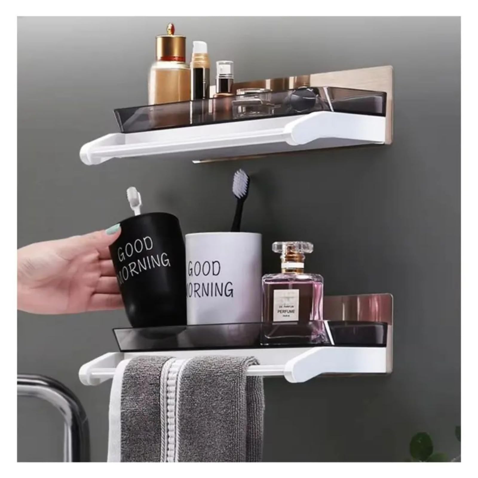 Aryamurti Modern Bathroom Storage Shelf with Towel Bar, Self-Adhesive Wall Mount, ABS Plastic, Multi-Purpose Organizer for Toiletries and Cosmetics 3