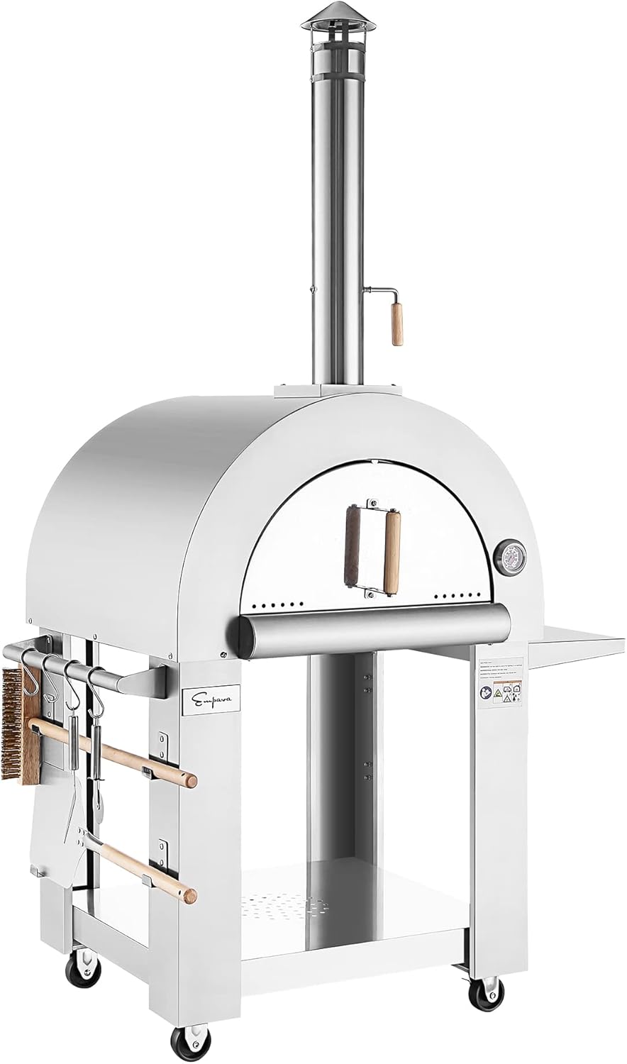 Empava Commercial-Style Pizza Oven Outdoor with Side Panel and Wheels, Wood Fired for Grill & Outside Camping Backyard Party in Stainless Steel,33 Inch, Silver