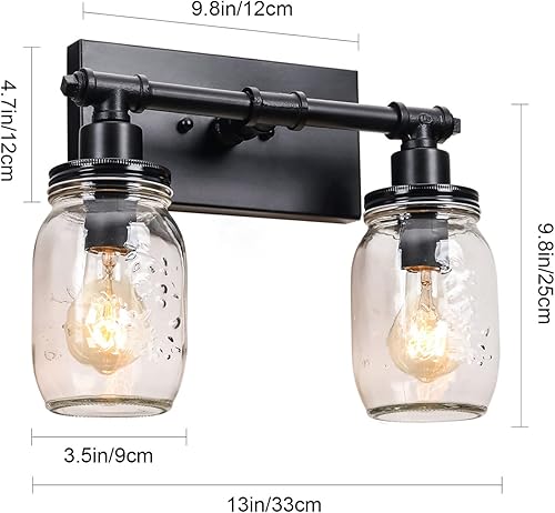 Miniatura 6 de Lámpara de tocador negra para baño, 2 luces de tarro de masón, lámpara de tocador industrial vintage, lámpara de pared de tubería de cocina, lámpara