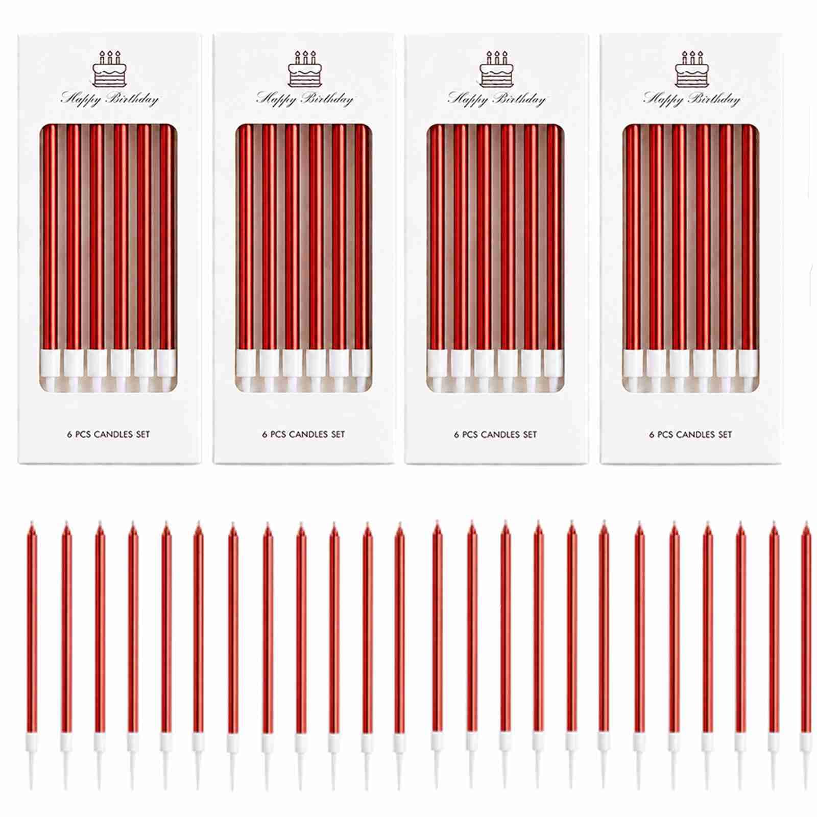 24-Pack Tall Birthday Cake Candles with Holders, Metallic Red, 16 cm