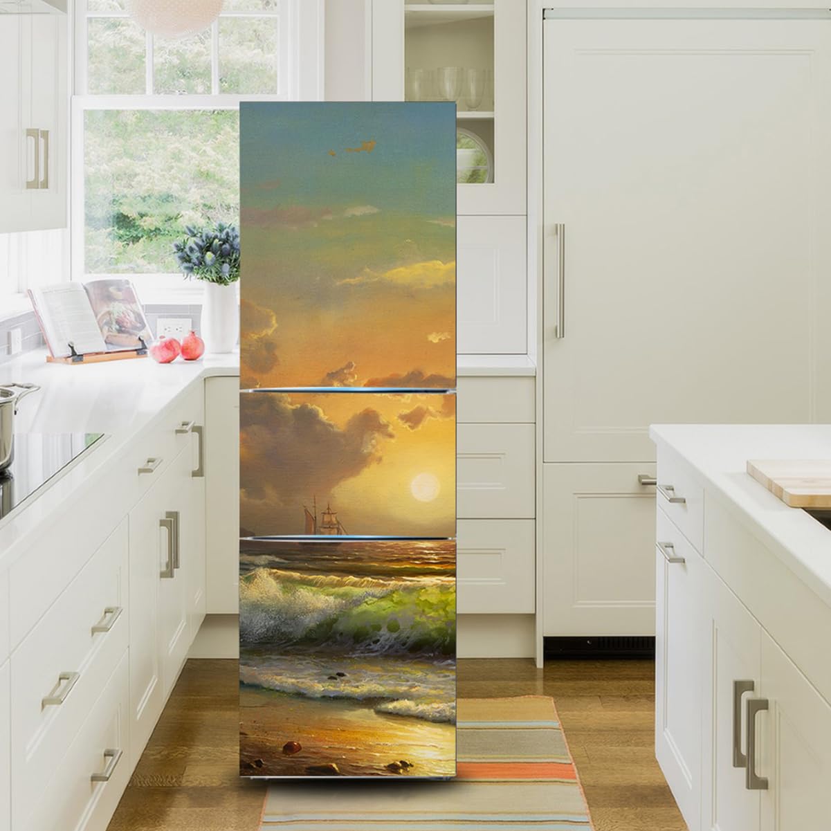 Myxjx One Color Fridge Wrap, Full Covering, Freezer Skins Wall Stickers For Kitchen Decal, Sea Wave Sailboat Sunset Scenery