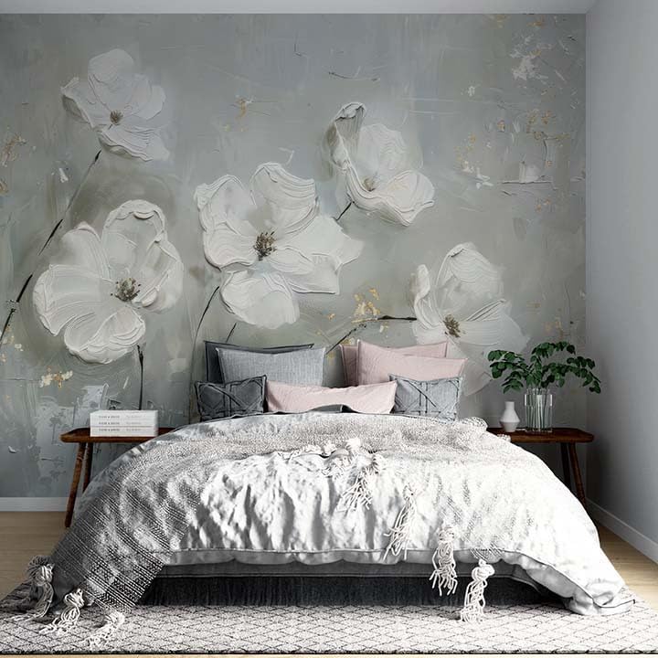 Beyaz Yağlı Boya Çiçek Desenli Duvar Kağıdı, Botanik Çiçek Duvar Resmi - Oturma Odası ve Yatak Odası - Görsel 3