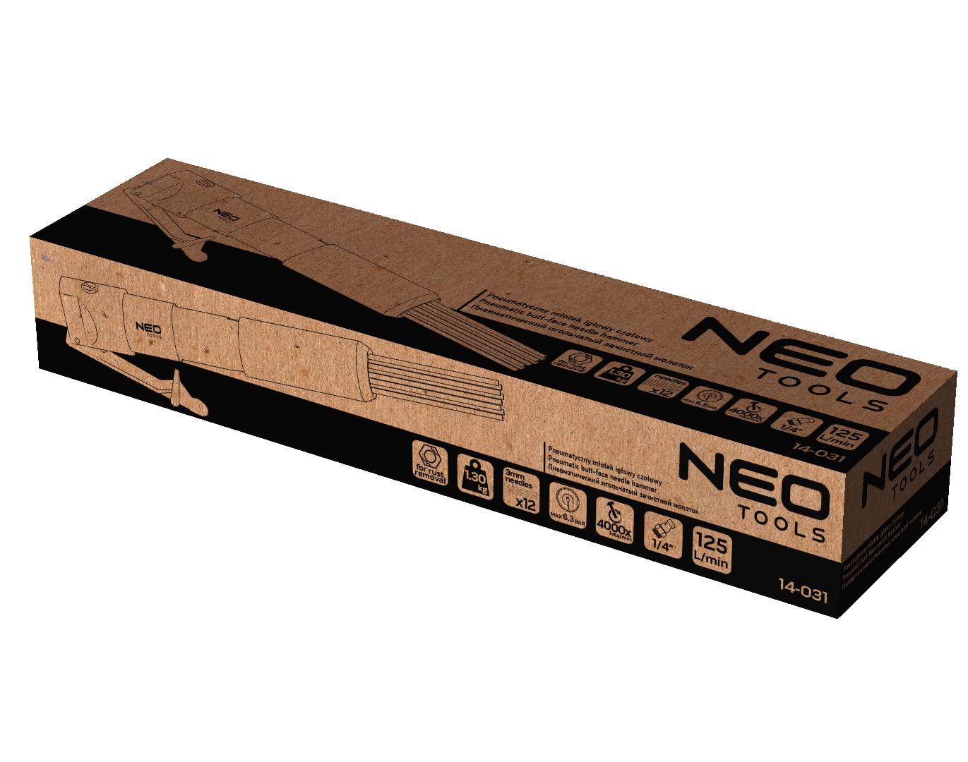 NEO TOOLS Martillo de aguja para óxido y soldadura, 12 x 3 mm, presión de trabajo 6,3 bar, consumo medio de aire 125 l/min, 4000 trazos/min, conexión, 1/4", peso 1,30 kg, CE