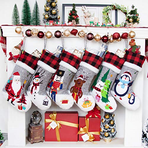 BHD-BEAUTY-Set-of-6-Christmas-Stockings-Gray-Burlap-Buffalo-Red-Plaid-Soft-Faux-Fur-20-Inches-Lovely-Embroidery-Pattern-for-Family-Decorations-Hanging-Ornament-for-Xmas-Holiday-Party BHD BEAUTY Set of 6 Christmas Stockings Gray Burlap Buffalo Red Plaid Soft Faux Fur 20 Inches Lovely Embroidery Pattern for Family Decorations Hanging Ornament for Xmas Holiday Party