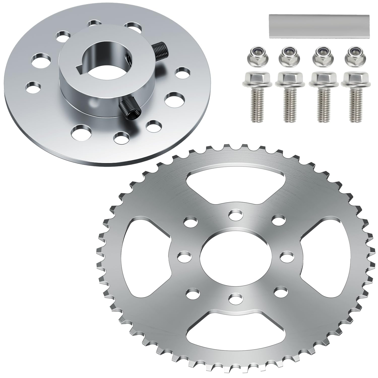 YOXUFA 420 48T Rear Drive Sprocket 8 Hole 1"Bore Go Kart Hub with 1/4 Keyway Hardware Kit for Go Cart Mini Bike Silver Parts