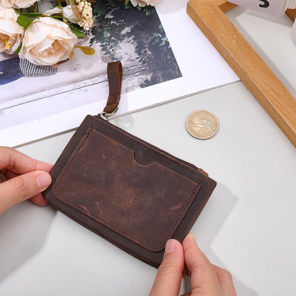 Genuine Leather Zipper Coin Purse Wallet With Card Slots Compact Credit Card Holder Organizer Slim Mini Front Pocket Wallet Cash Change Storage Bag Pouch for Men Women Travel