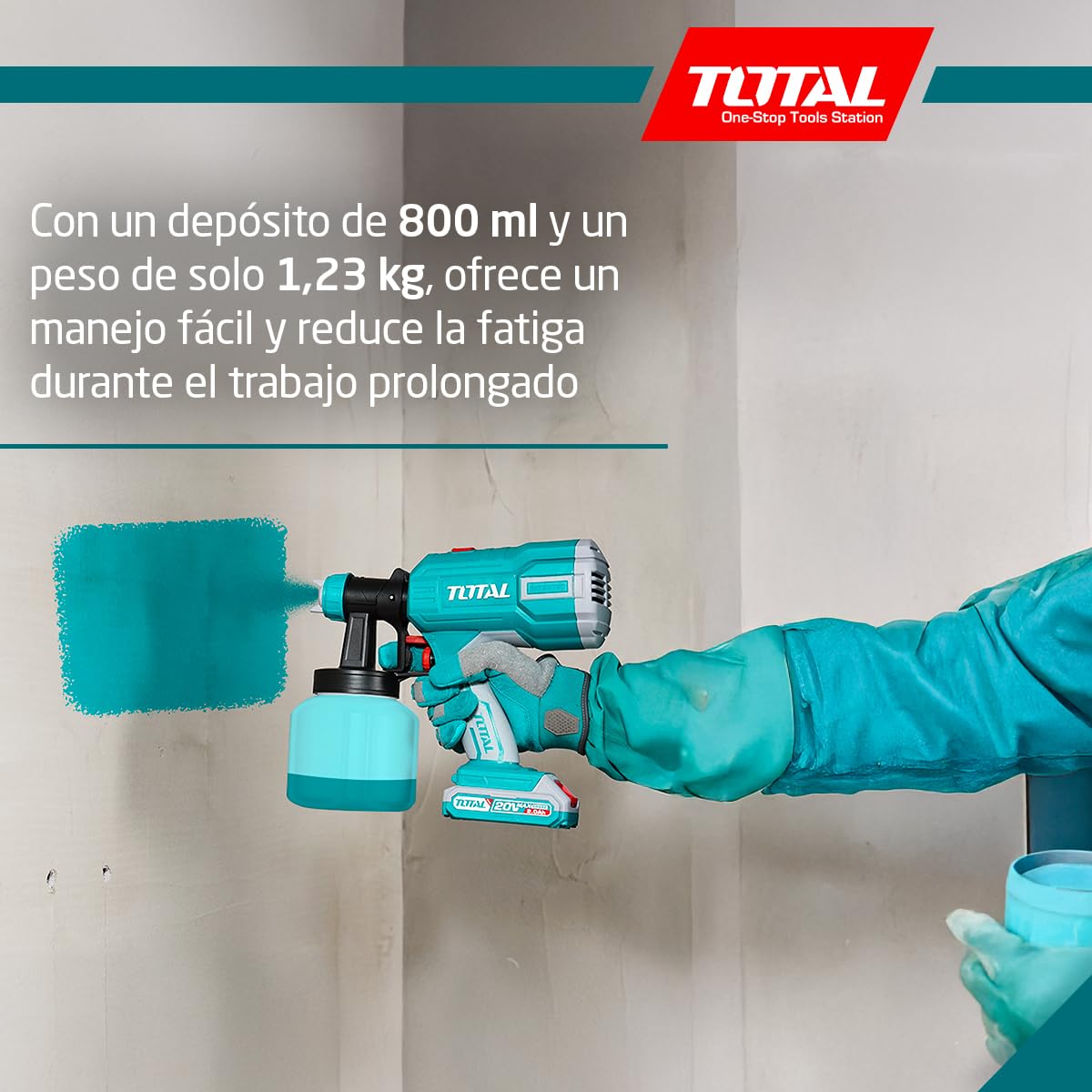 Total - Pistola de Pintura a Batería 20V - Volumen Máximo de 800 ml/min - Viscosidad Máxima de 120 DIN - Depósito de 800 ml- Incluye Embudo Medidor de Viscosidad - 1 Batería 2AH - Cargador - Maletín