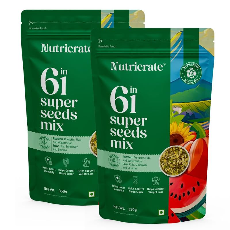 Nutricrate 6 in 1 Super Seeds Mix (Pack of 2-350g each) Chia, Pumpkin, Watermelon, Flax, Sesame & Sunflower Seeds | Mixed Roasted Seeds for Weight Management | Protein Rich Healthy Diet Snack