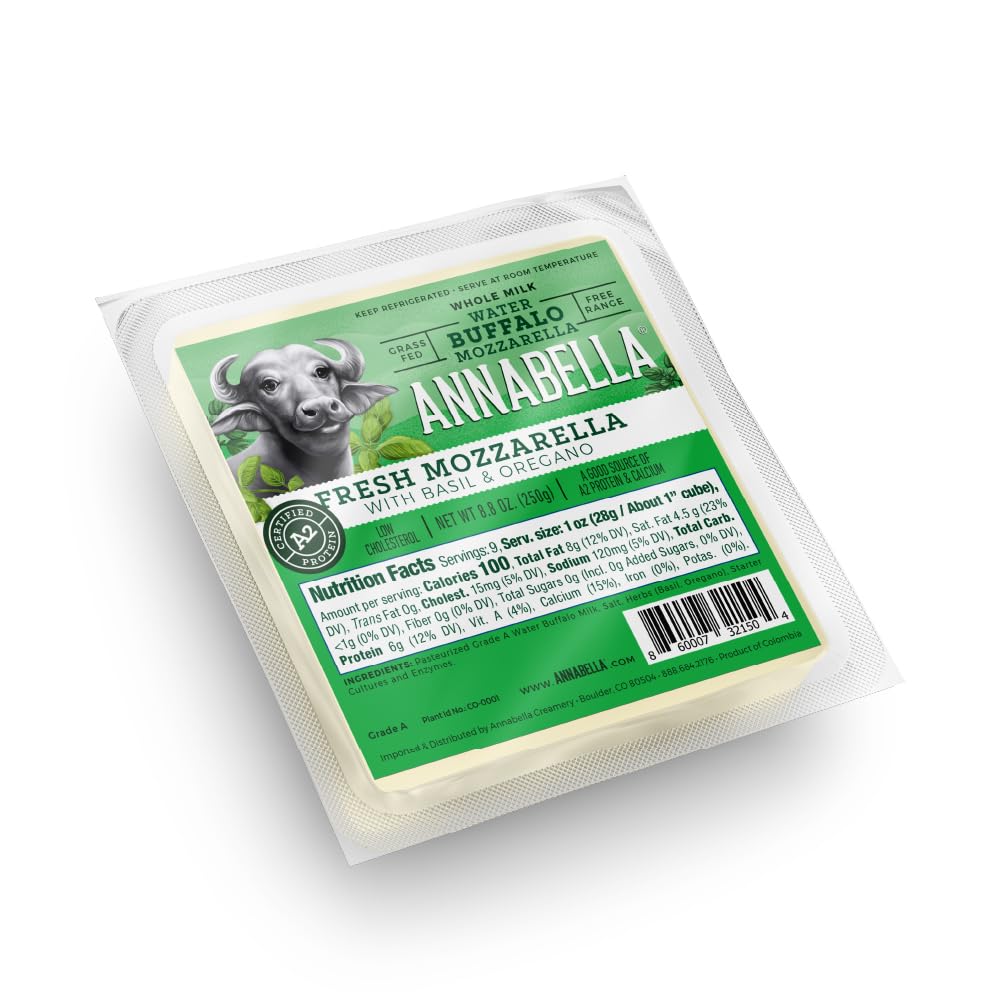 Annabella Herb Water Buffalo Mozzarella Cheese, Low Moisture, Fresh, A2 Whole Milk, Grass Fed, Melt, Shred or Slice, Higher Protein, Less Lactose, 8.8oz Blocks (Pack of 4)