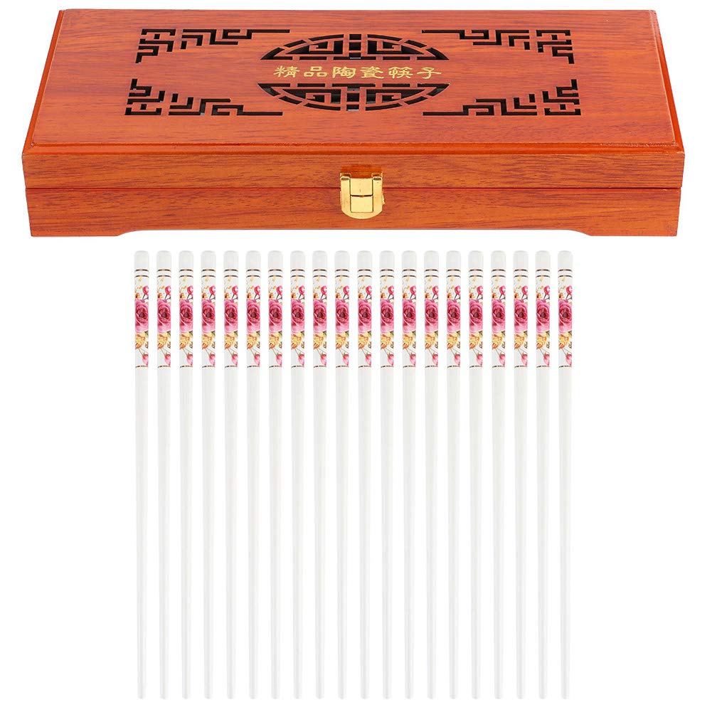 Ensemble de baguettes en céramique de Style européen avec boîte en bois, antidérapantes, facile à choisir, cadeau de luxe pour la famille et les amis (Motif de fleurs 1)