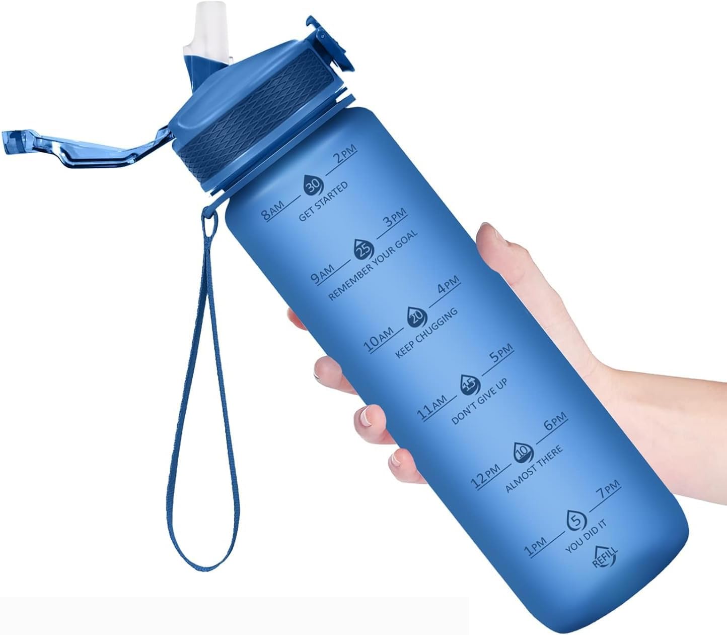 32 oz Water Bottle, Motivational Water Bottle with Time Marker, Sports Water Bottle With Strap, Leakproof & BPA Free Large Water Bottles for School, Gym, Travel, Outdoor, Blue