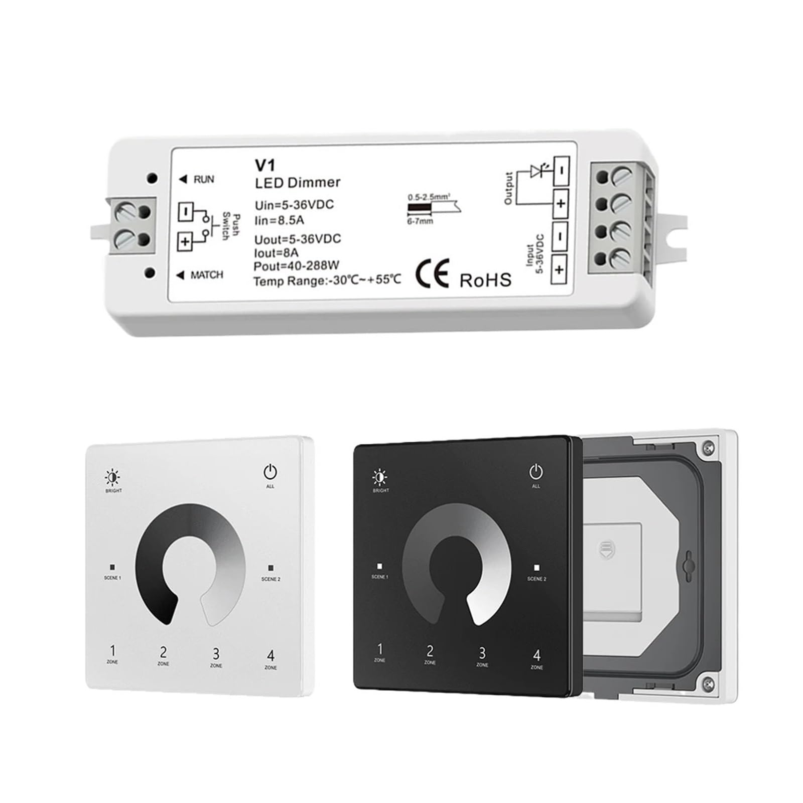 V1 LED-Dimmer, 1 Kanal, 5 V, 12 V, 24 V, 36 V, 4 Zonen, einfarbiges LED-Lichtleisten-Dimm-Set, 2,4 G Fernbedienung, Touch-Schalter-Dimmer(1XV1 Only)