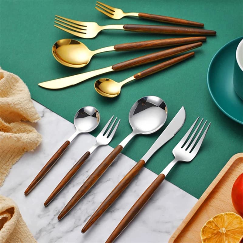 Vajilla Cubiertos Juego de cubiertos de acero inoxidable de 30 piezas con mangos de madera Cubiertos for 6 personas, Cubiertos for banquetes domésticos Servicio de cena