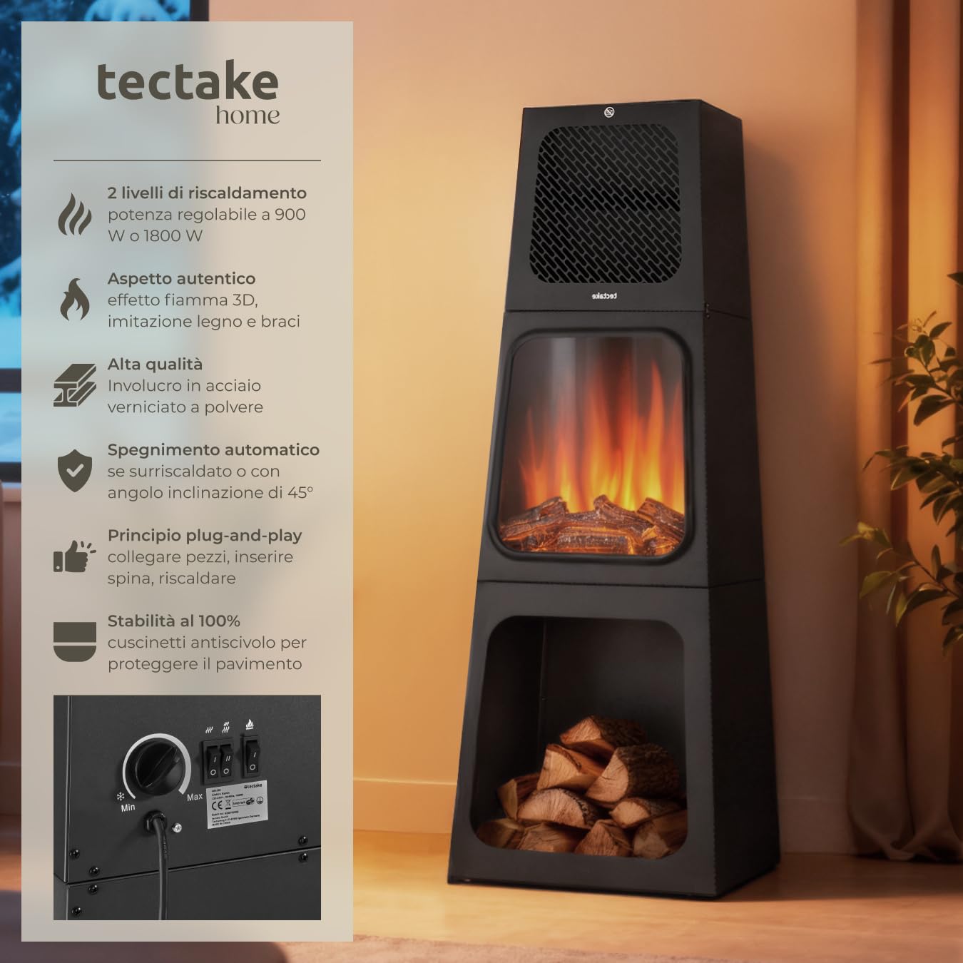 tectake® Caminetto elettrico, 45 x 120 x 35 cm, Camino Elettrico da pavimento, 2 livelli di calore 900/1800 W, termostato, effetto fiamma fuoco finto 3D, riscaldamento regolabile, Stufa Elettrica