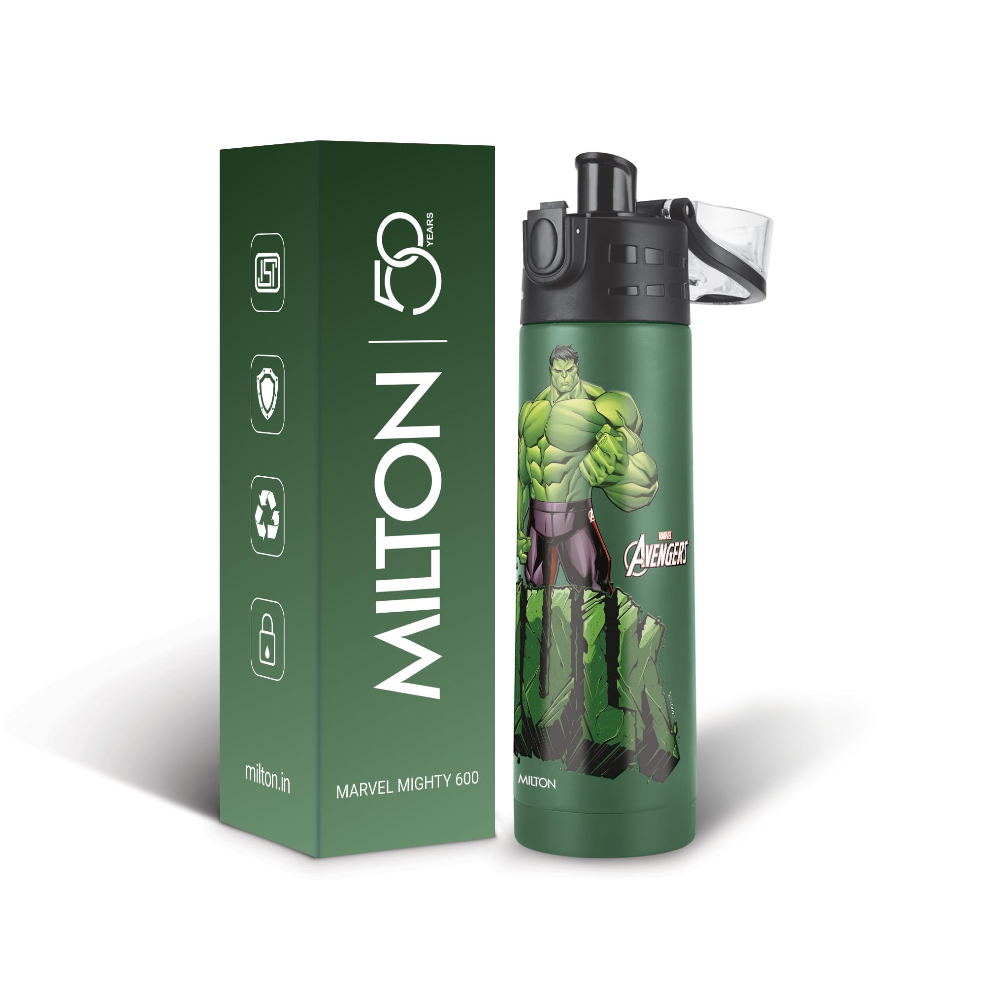 Milton Marvel Mighty 600 Thermosteel ISI Certified Water Bottle, 500 ml Stainless Steel, Long Hours Hot and Cold, Leak Proof, Vacuum Insulation, for Office, School, Gym, Green Hulk