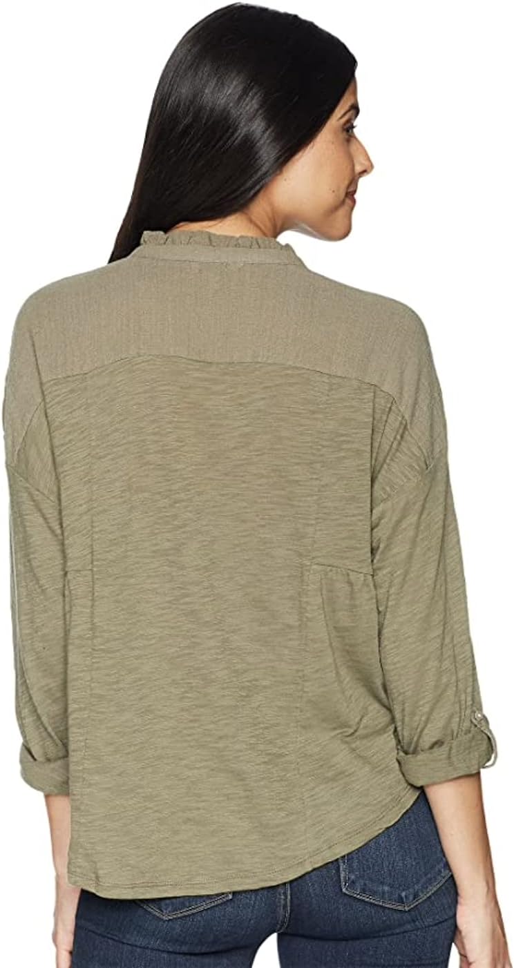 Lucky Brand Woven Gauze Mix Henley Top Dusty Olive MD (US 8-10) - Image 4