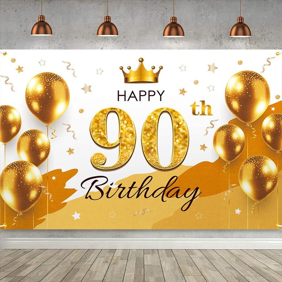PartyYaa Striscione per il 90° Compleanno, Banner per Porta di Compleanno, Decorazione Happy Birthday, Poster per Foto Fotomatone, Sfondo per Foto