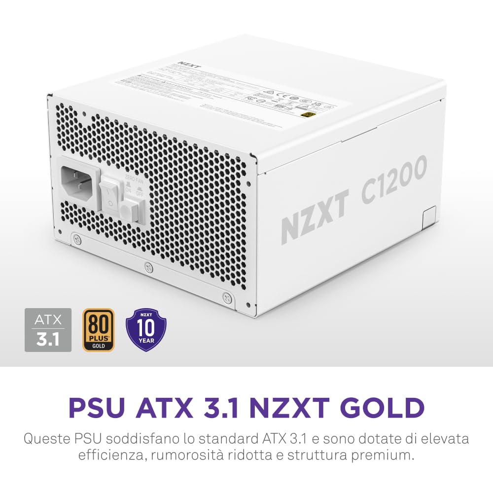NZXT C1200 Gold ATX 3.1 - Alimentatore per PC da gaming completamente modulare a rumorosità ridotta - 1200 watt - 80 PLUS Gold - Connettore 12V-2x6 - Condensatori 100% giapponesi - Bianco