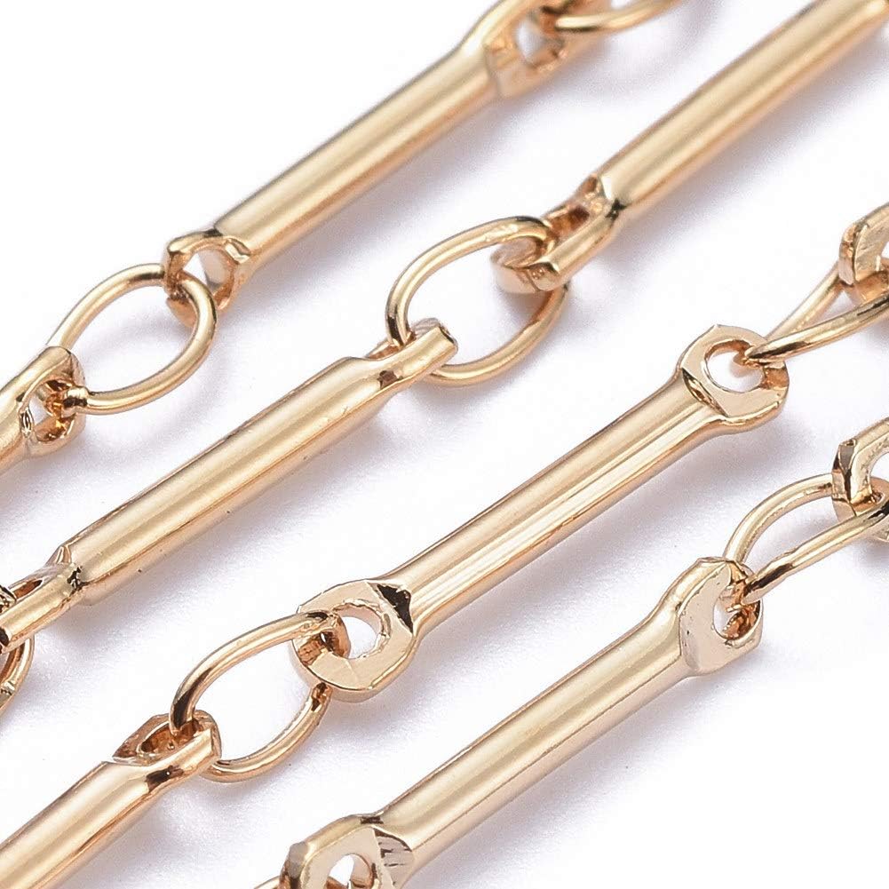 32.8 Feet Golden Brass Bar Link Chains Real 18K Gold Plated Soldered Metal Long Stick Link Cable Chains 13x2mm with Spool for DIY Bracelet Necklace Jewelry Crafts Making Replacement